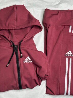 Adidas Tracksuit Womens L Burgundy Tapered Leg Full Zip Jacket Athleisure Travel